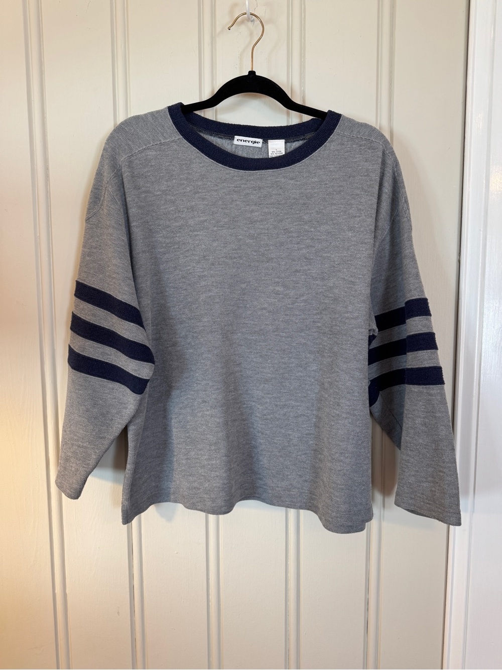 Y2K Energie Gray Varsity Stripe Oversized Sweater Top L Sporty Preppy